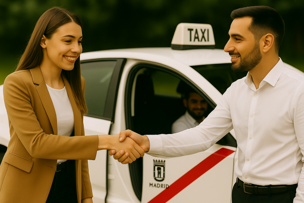Radio Taxi Arroyomolinos: conductor saludando a cliente, servicio profesional 24/7 en Madrid
